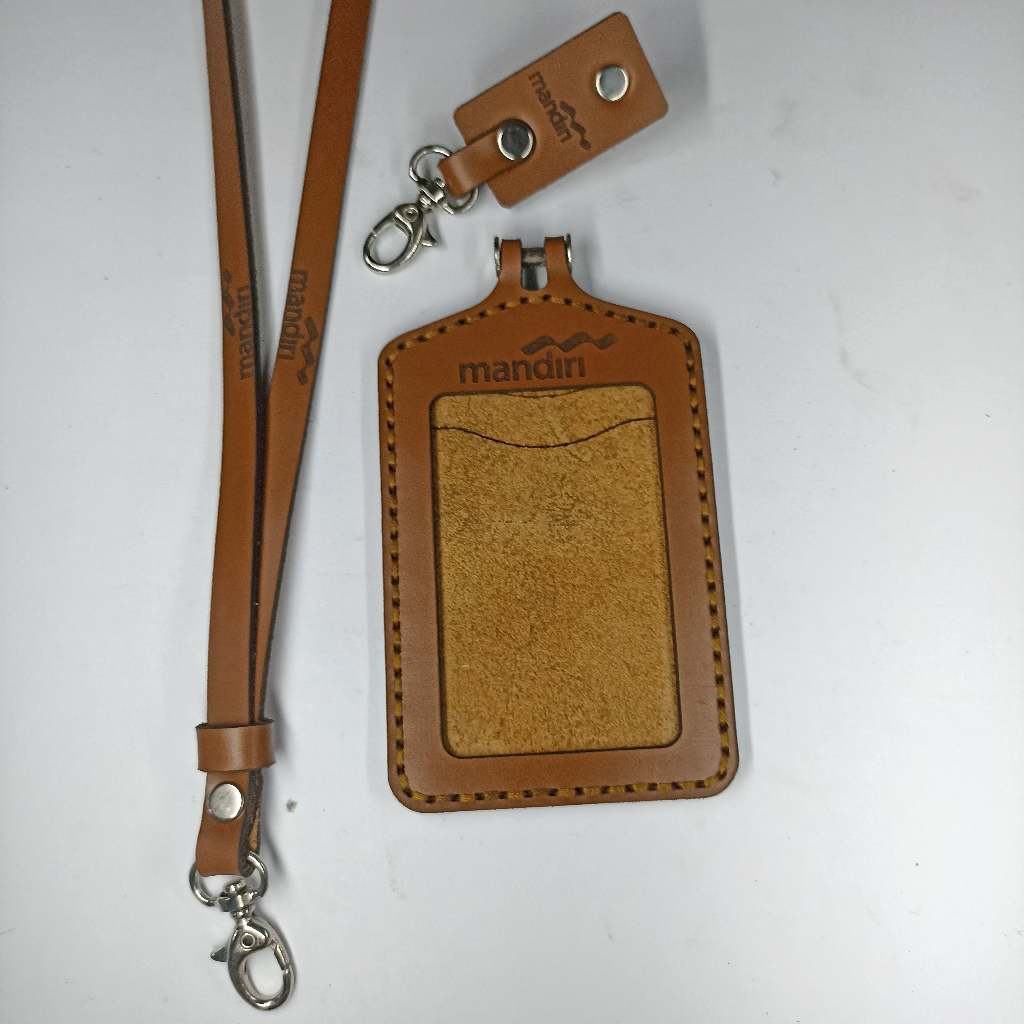 

Nametag ID Card Holder Lanyard Kulit Sapi Asli Free Custom Design & Gravir