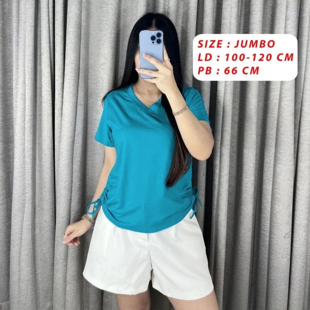 Fishberry | Zoe Top Atasan Wanita Lengan Pendek Serut Samping Leher V-Neck Size JUMBO / Kaos Wanita 