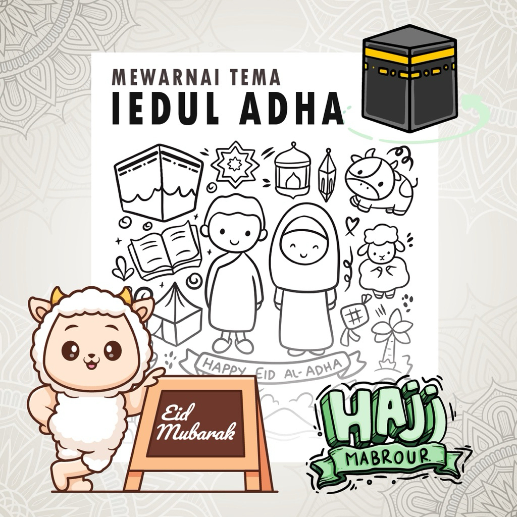 

25 Lembar A5 | Kertas Mewarnai tema Iedul Adha - Lebaran Haji - Islami | 25 Kertas gambar berbeda