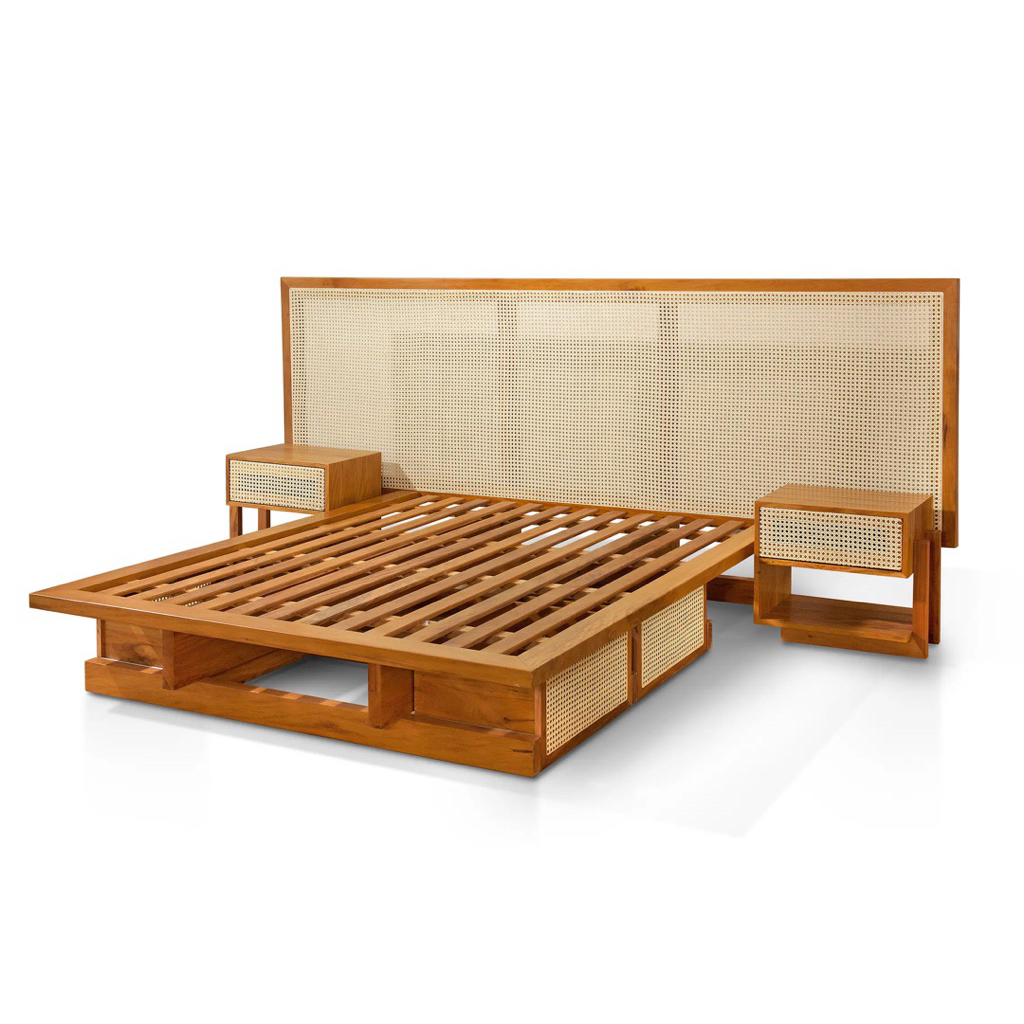 Tempat Tidur Kayu Jati + Rotan Bed Set Minimalis Model Scandinavian Japandi