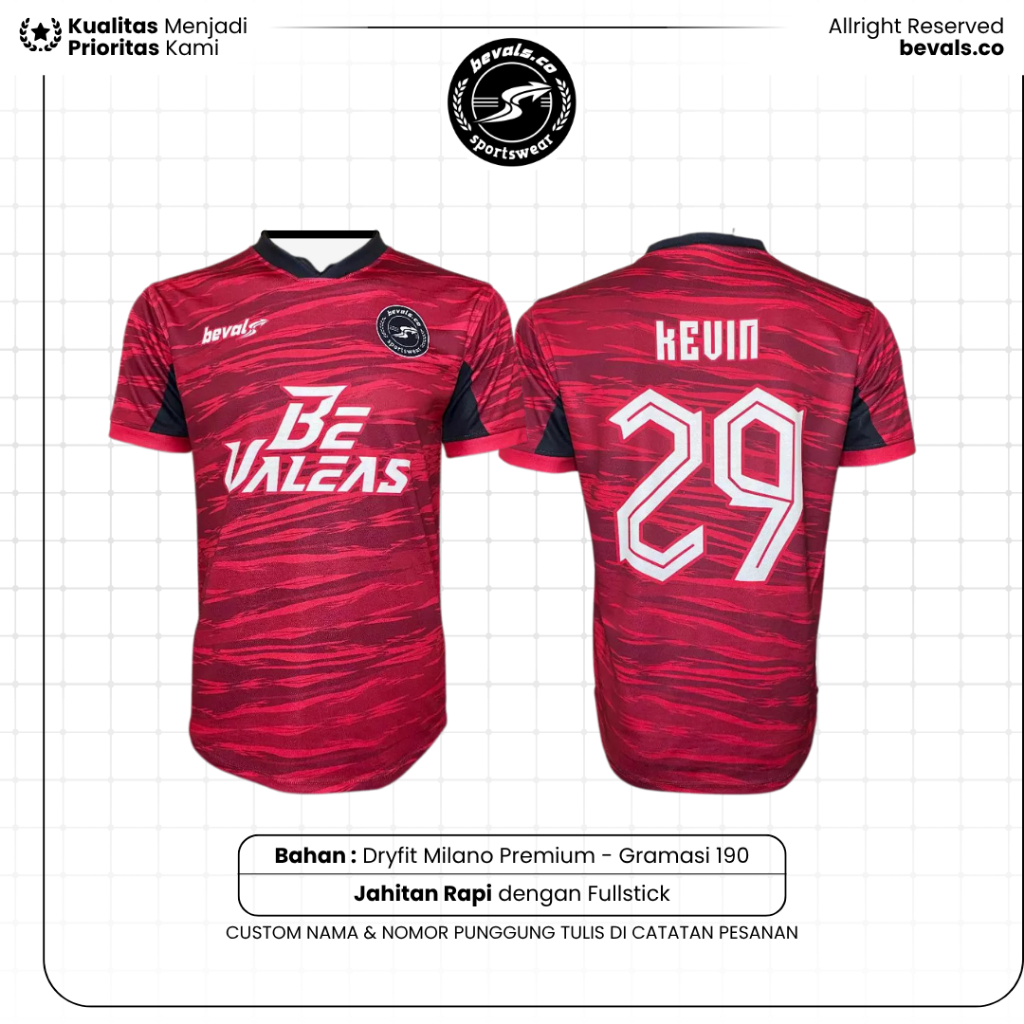Jersey Futsal Kaos Sepak Bola Bevals Maroon Satuan Setelan Full Printing Custom Nama Nomor Punggung