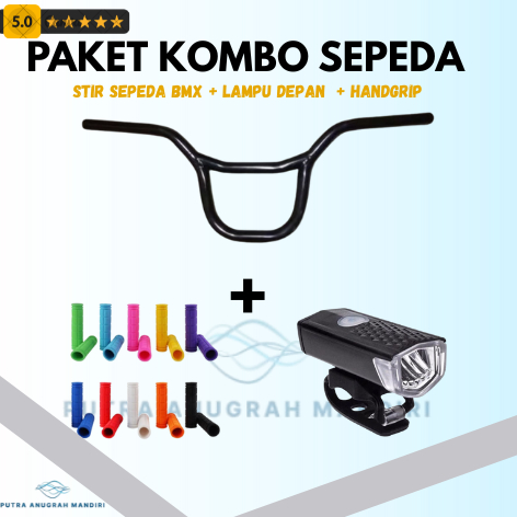 Paket Kombo Stir Sepeda BMX + Lampu Depan LED + Handgrip Warna Warni | Aksesoris Sepeda BMX MTB