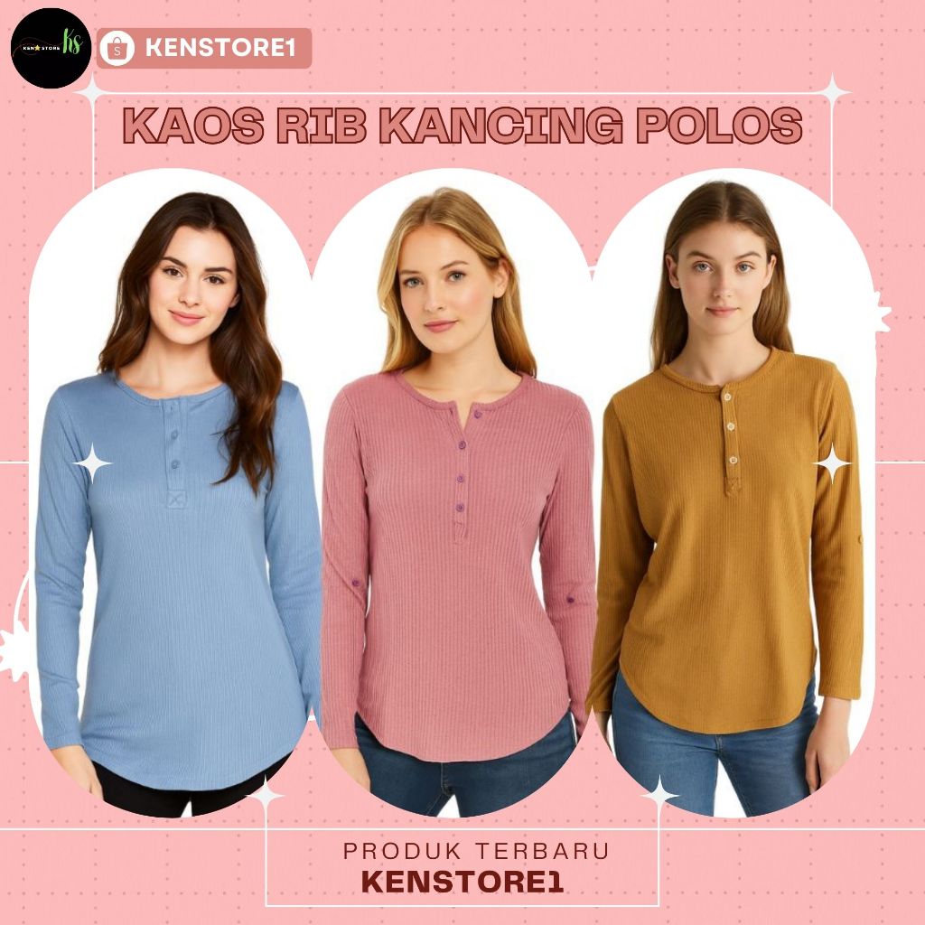Kaos Rib Kancing Polos Lengan Panjang Wanita Premium