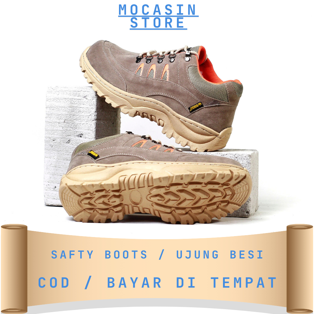 Mocasin Pedro - Sepatu Tracking Pria Boot Safety Ujung Besi Kerja Proyek Bahan Suede Warna Crem Tan