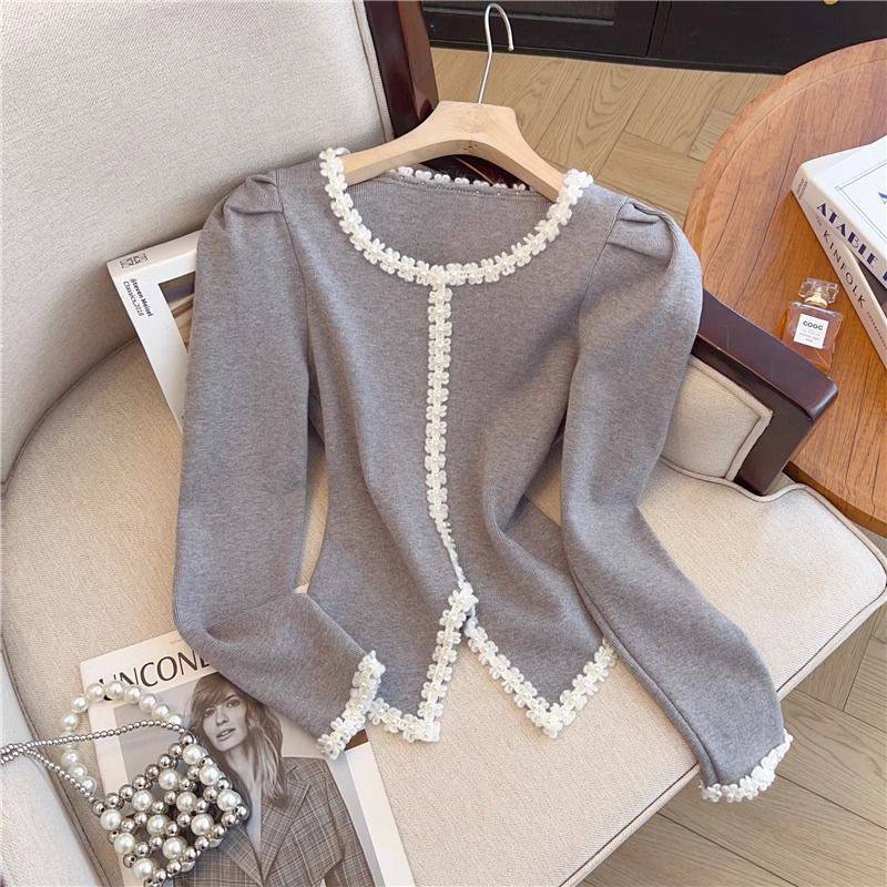 GS - Atasan Renda Mutiara Rajut Blouse  Wanita Korea / Variasi Lucu Baju Rajut Lengan Panjang / Muti