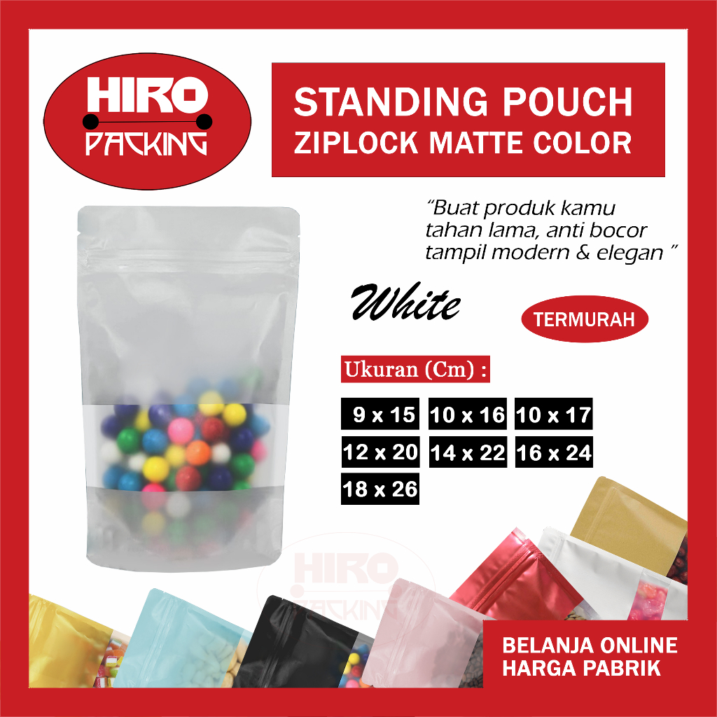 Standing Pouch Plastik Ziplock Makanan Matte Color Putih Kemasan Snack Cemilan Biji Kopi Keripik Tra