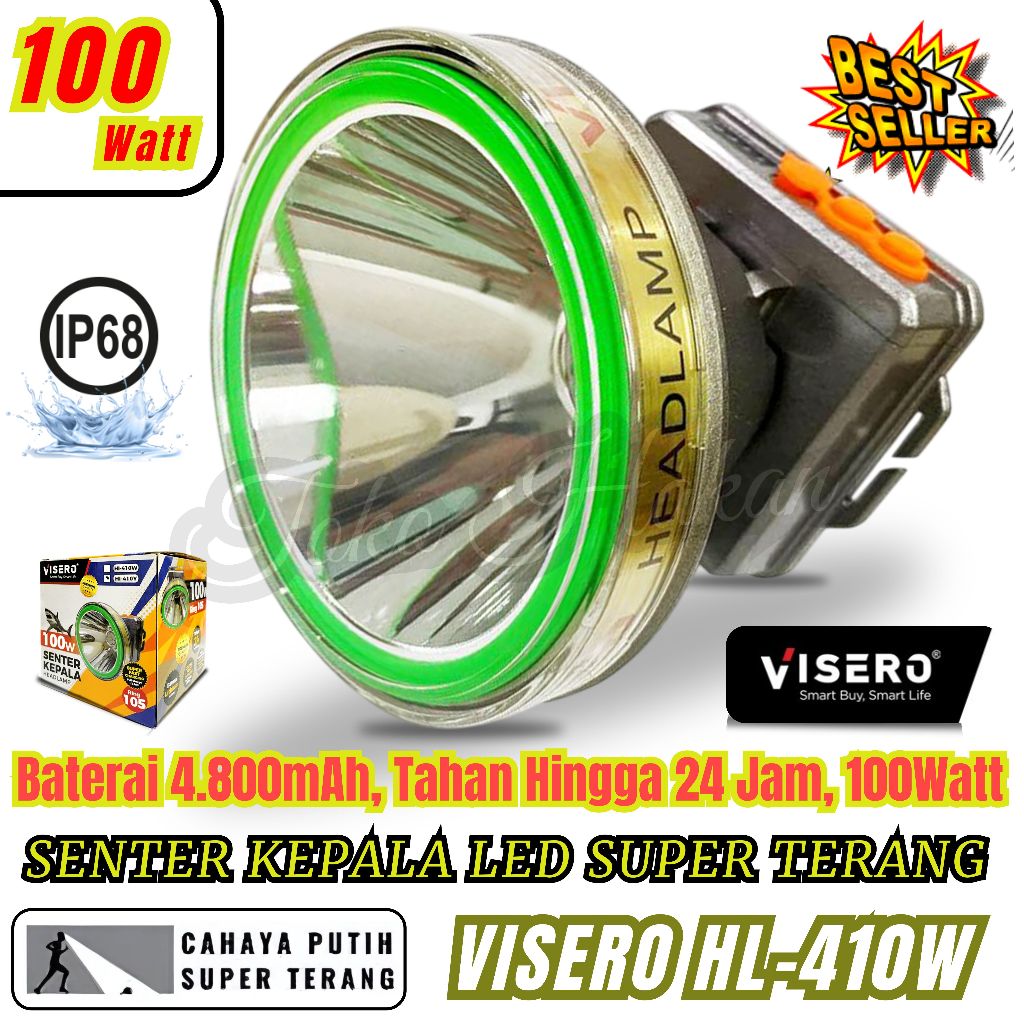 Senter Kepala Anti Air 100w VISERO HL-410W - Senter Kepala 100w 100 Watt LED Super Terang HL-410W Wa