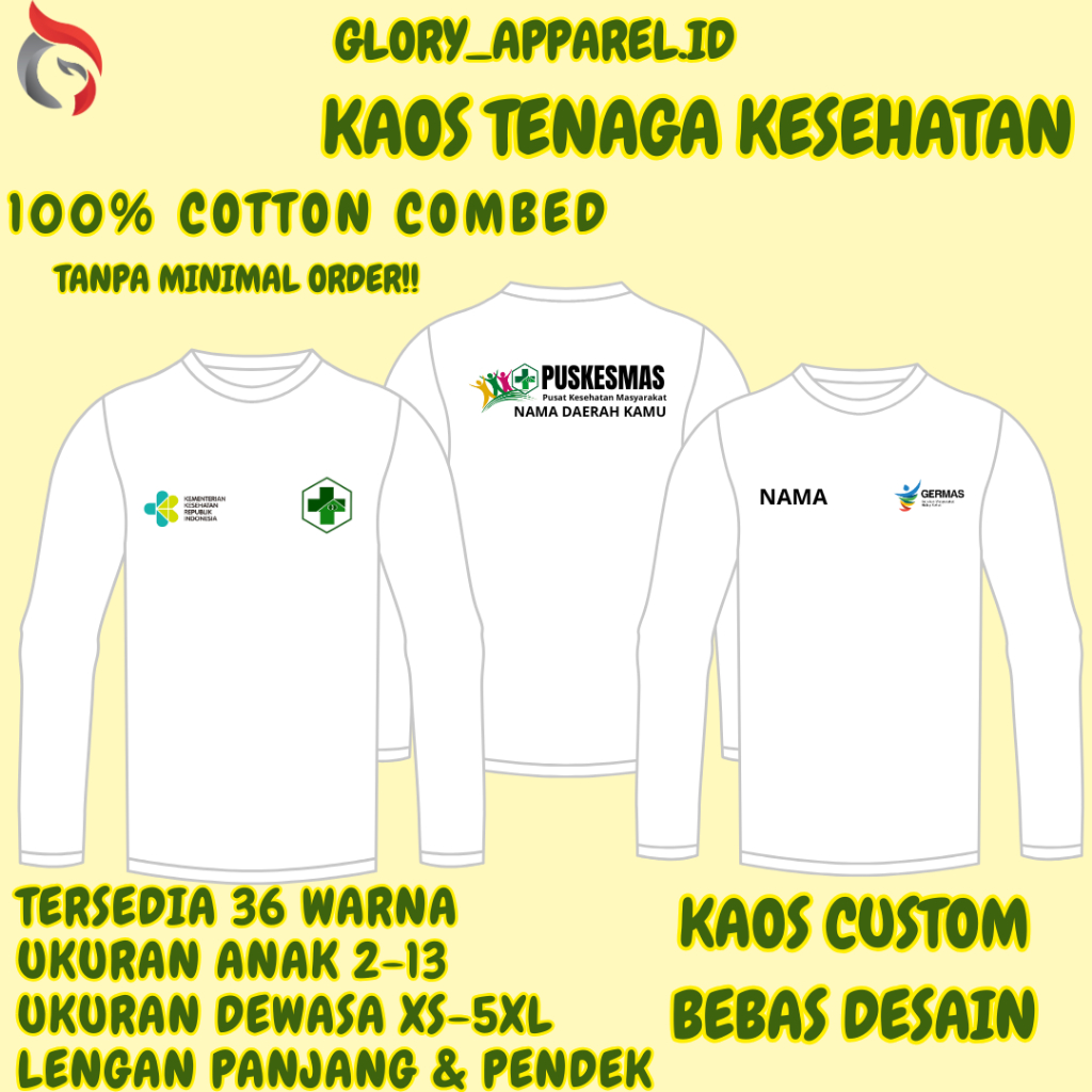(KAOS CUSTOM) BEBAS DESAIN DINAS KESEHATAN PUSKESMAS, BIDAN COTTON COMBED 30S PERAWAT FREE DESAIN