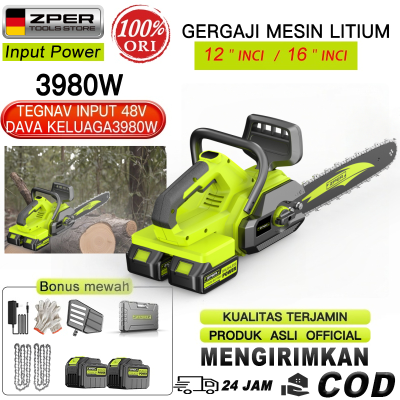 ZPER 12” 16“ Cordless Chainsaw Gergaji  Mesin Lithium Gergaji Rantai Elektrik Portable Listrik