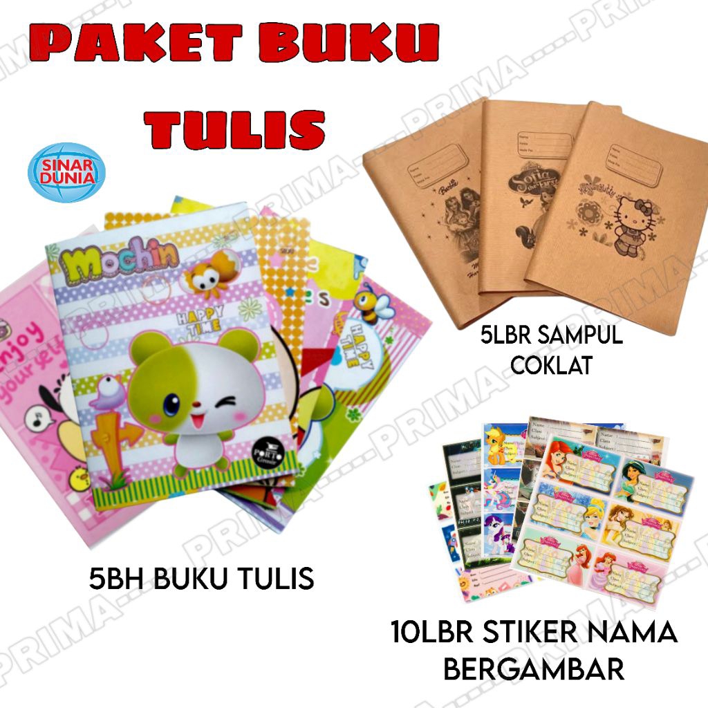 

PAKET BUKU TULIS SEKOLAH / (5 BH BUKU TULIS SAMPUL COKLAT & STIKER LABEL NAMA BUKU BERGAMBAR)