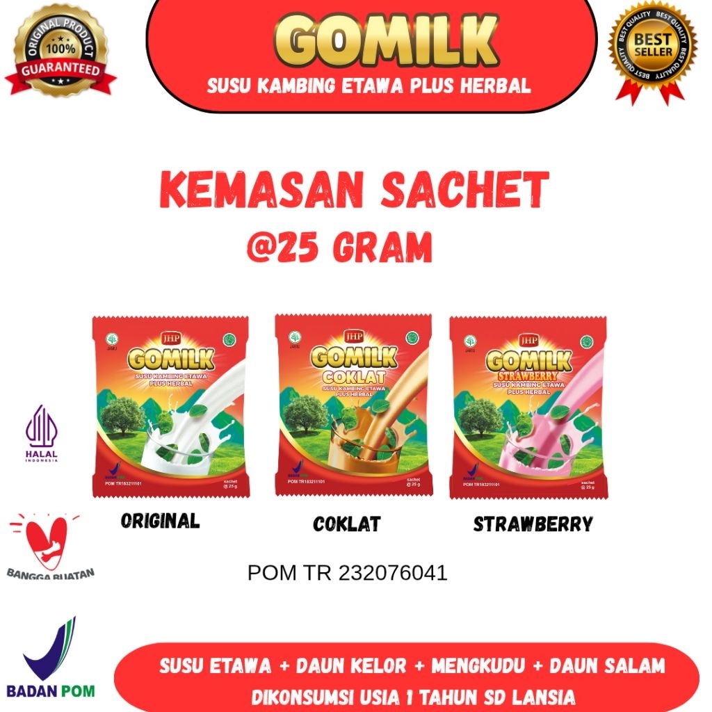 

GOMILK sachet 25 gram susu kambing etawa plus herbal kelor nafsu makan, maag, asam urat, kolesterol, tulang kuat