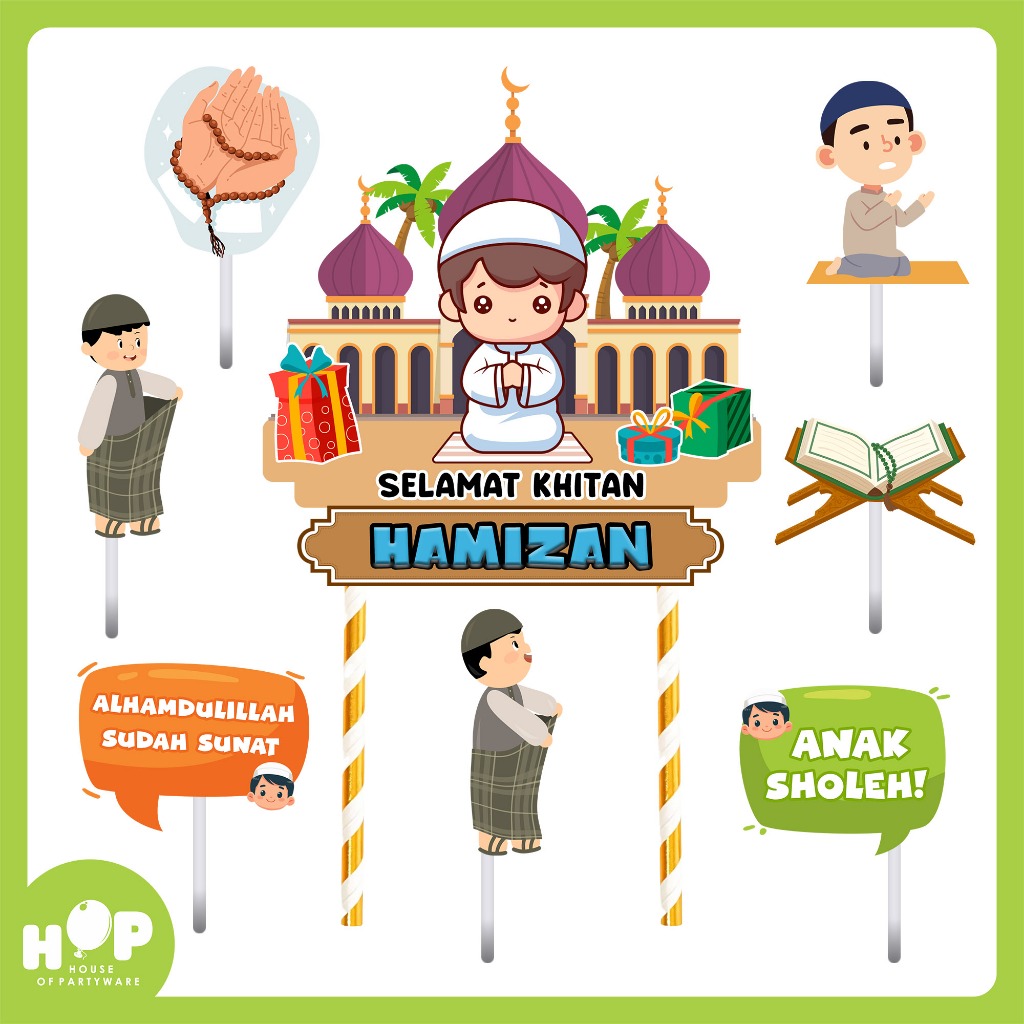 Cake Topper Khitan + Custom Nama / Hiasan Kue Ulang Tahun Khitanan Sunatan Sunat