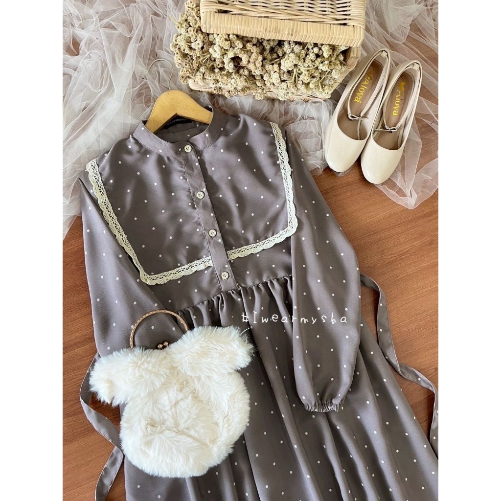 Mysha Iwearmysha HYUNA DRESS : POLKA TAUPE Gamis Motif polkadot Dress Korean style Size S M L XL