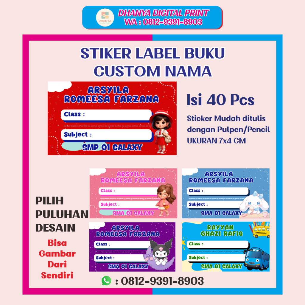 

Label Buku Custom Free Desain isi 40 pcs Karakter 3D