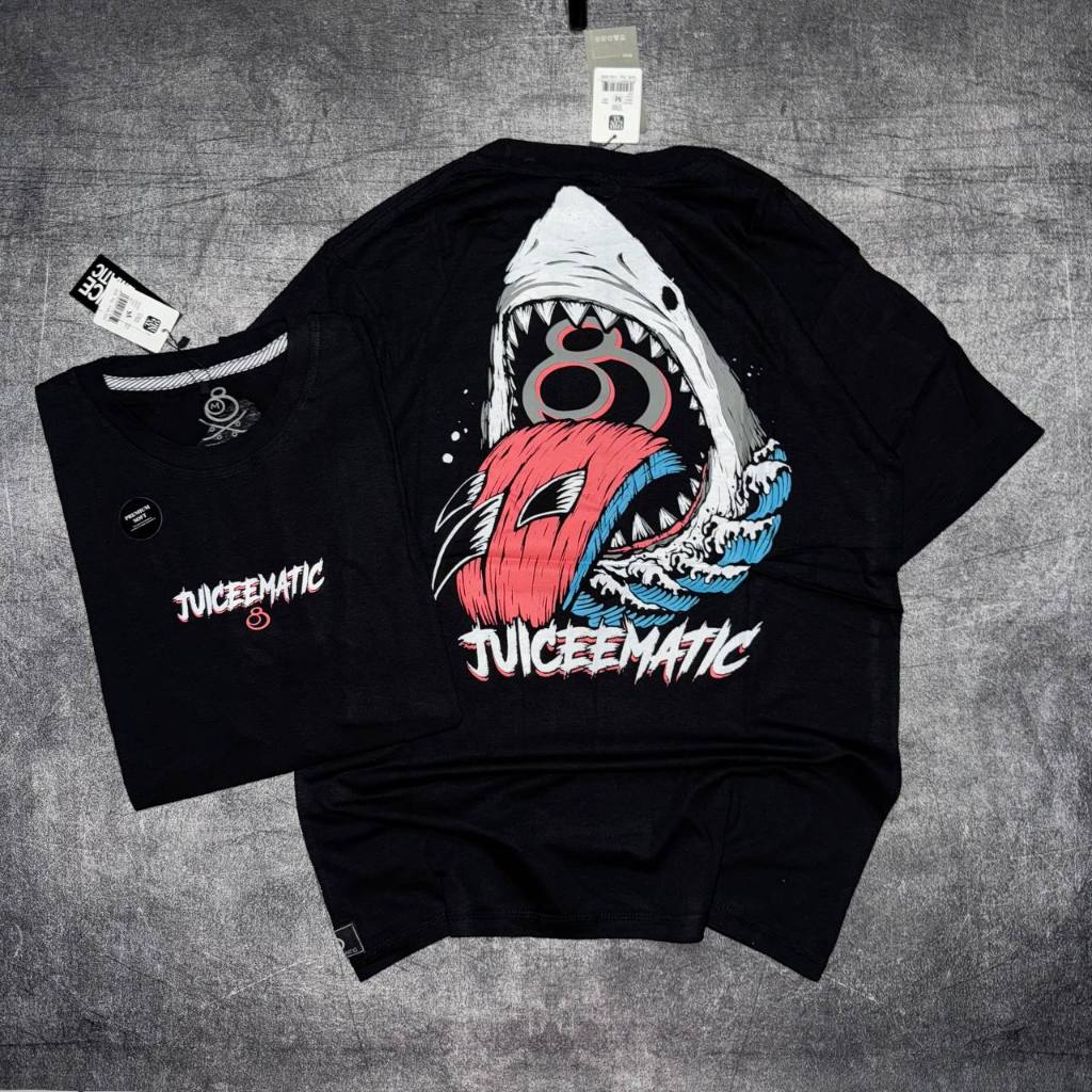 BAJU KAOS JUICE EMATIC HITAM SHARK BAHAN COTTON COMBED 30S ADEM NYAMAN DIPAKAI TSHIRT JUICE EMATIC