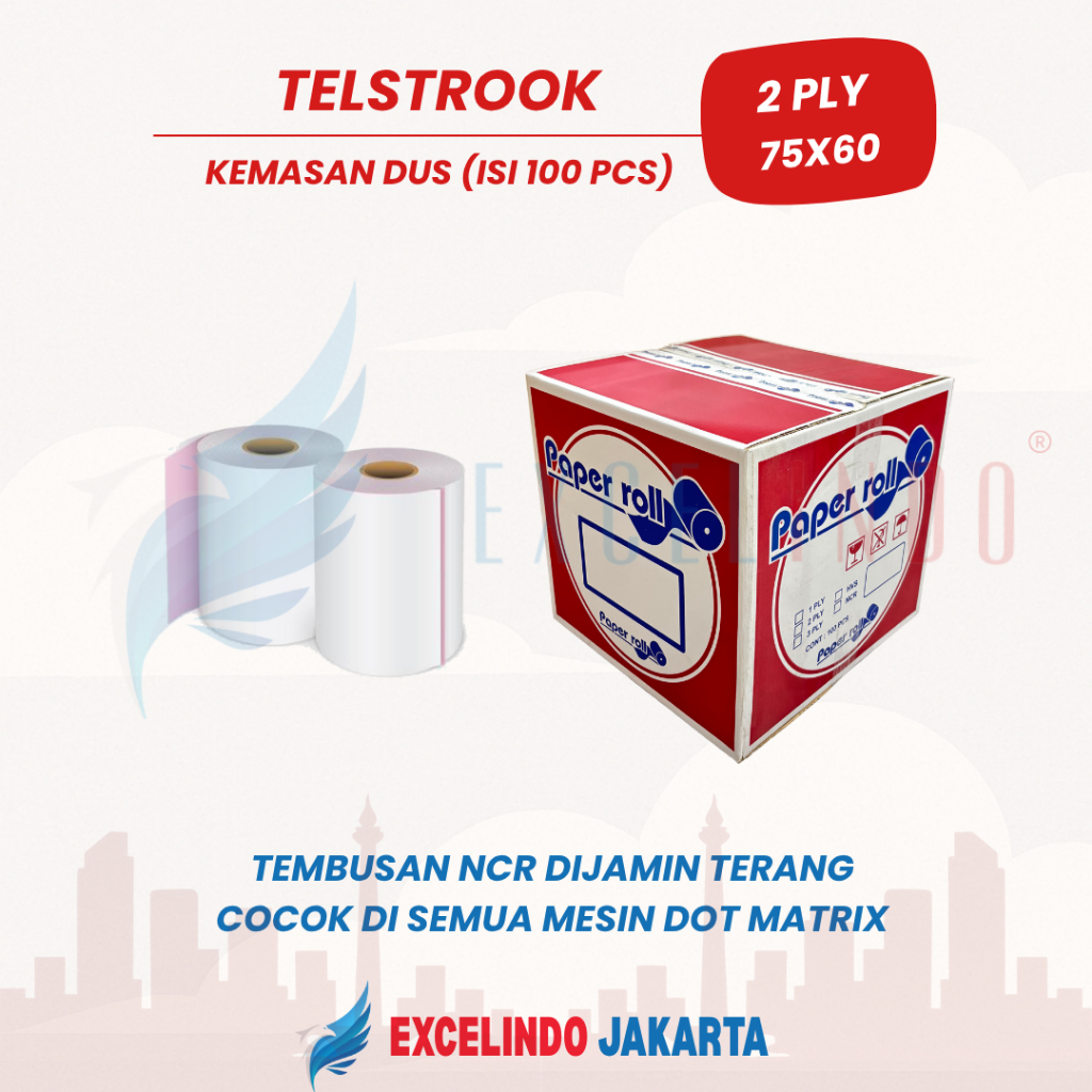 

(ISI 1 DUS/ 100 PCS) Excelindo Kertas Struk / Telstruk / Kertas Kasir 2 ply NCR Dot Matrix 75x60