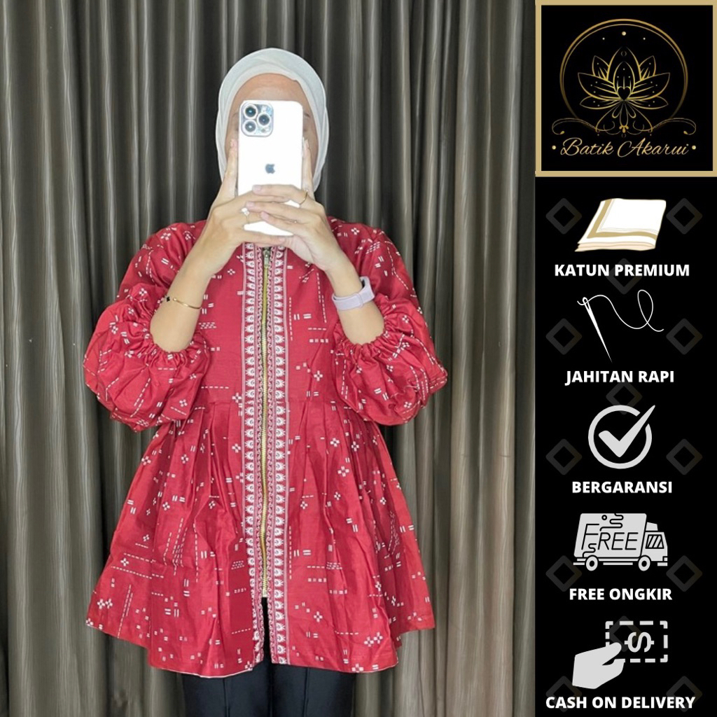 Blouse Batik Jumbo Wanita Modern Lengan Panjang Atasan Tradisional Wanita Batik Solo Warna Merah Bah