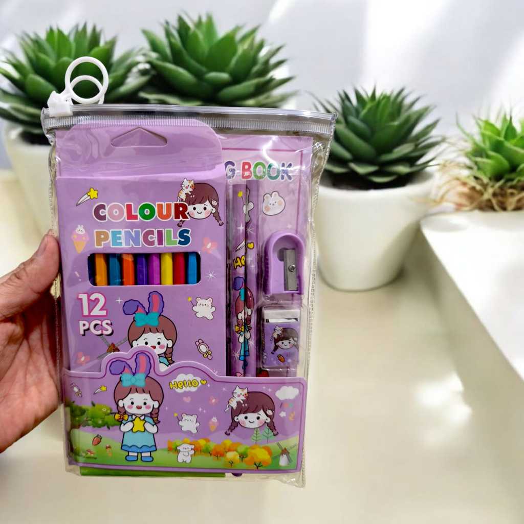 

set tulis dan mewarnai / stationery set dengan pensil warna untuk kado / hampers