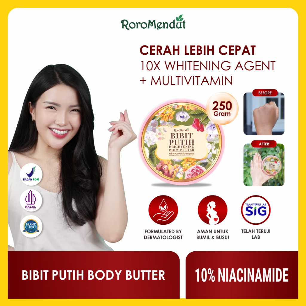 [10% 𝑵𝑰𝑨𝑪𝑰𝑵𝑨𝑴𝑰𝑫𝑬] 𝐑𝐎𝐑𝐎 𝐌𝐄𝐍𝐃𝐔𝐓 Bibit Putih Whitening Booster Body Butter Cream BPOM | Kulit Putih Cer