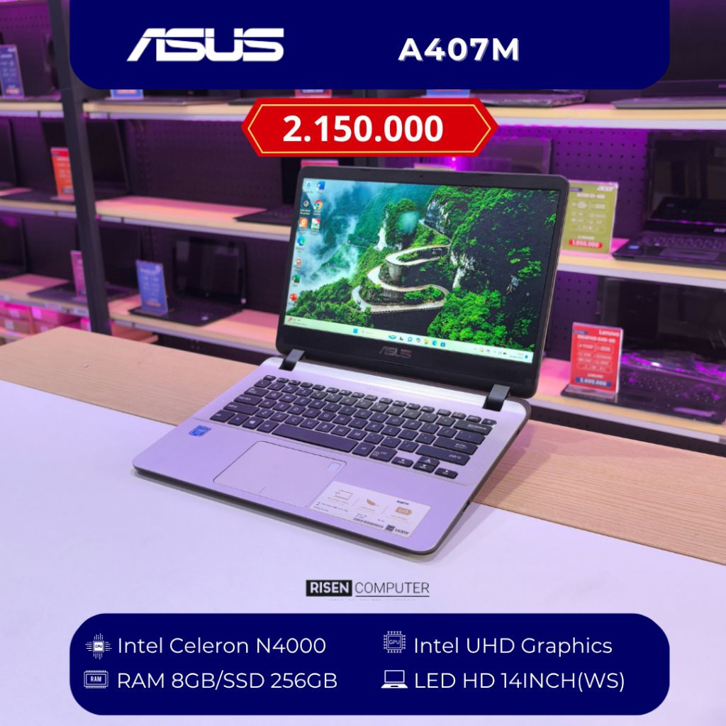 Laptop Asus A407M Intel Celeron N4000 RAM 8GB SSD 256GB HD 14inch Notebook Second Seken