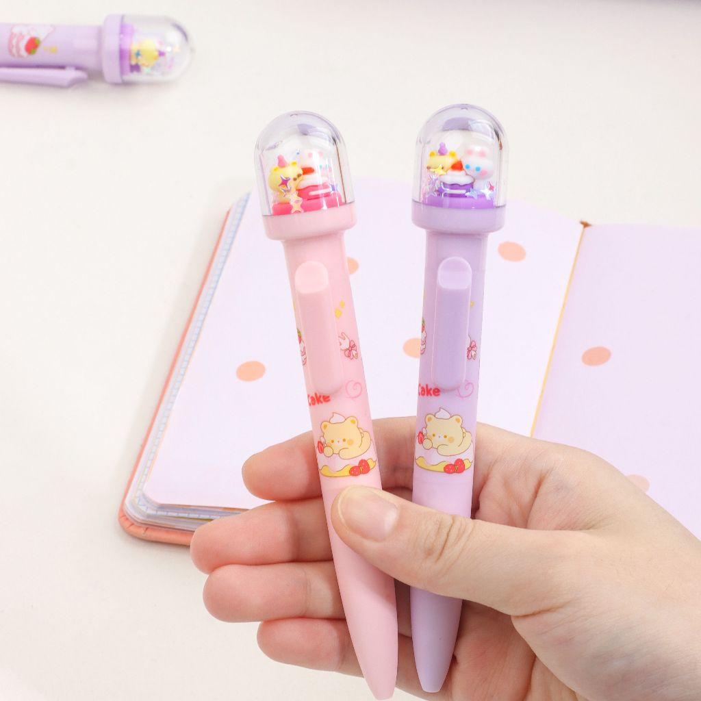 

Pena Glitter Snow Globe Bentuk Rabbit & Bear Cub Bunny Cake – Pulpen Pink and Purple Glitter Gerak Aesthetic