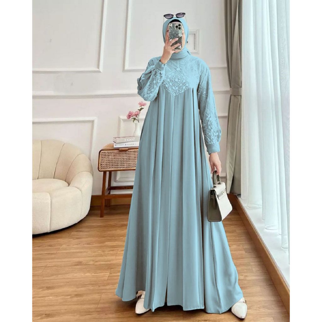 Gamis Agnia Maxi Ceruty Babydoll Full Furing Hiasan Brukat Mewah Terbaru 2026 Elegan Dress Brokat Ju
