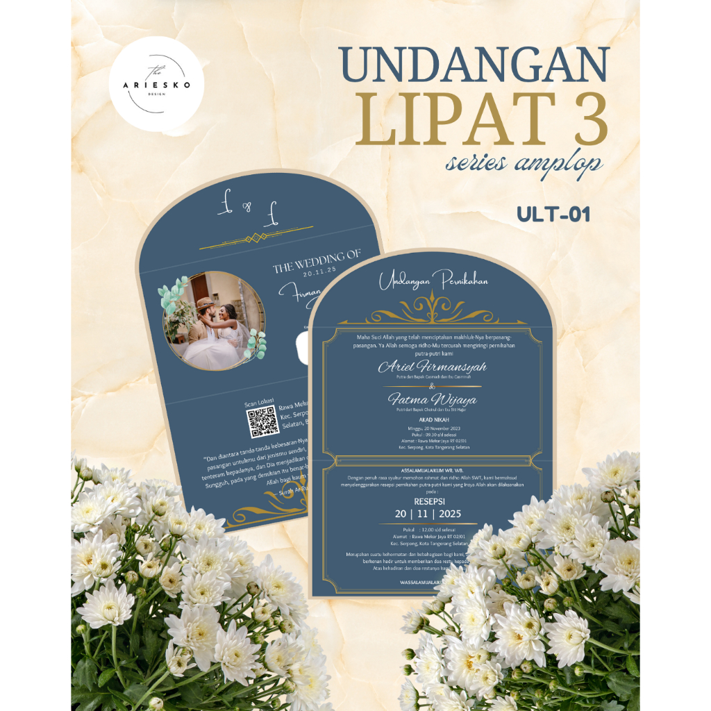 Undangan Pernikahan Lipat 3 Model Amplop | Mewah | Gold