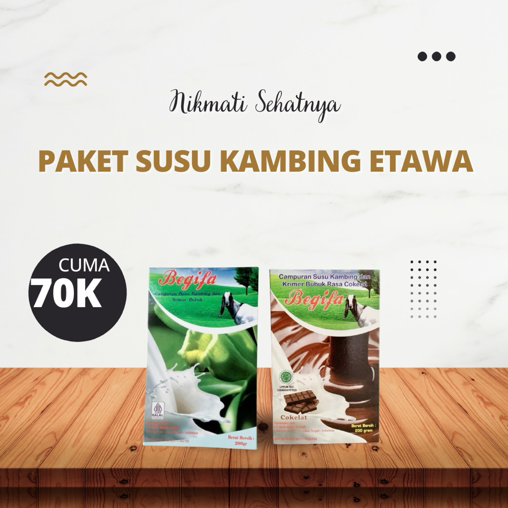 

Paket Susu Kambing Etawa Begifa 2 Varian – Original & Cokelat (200gr)