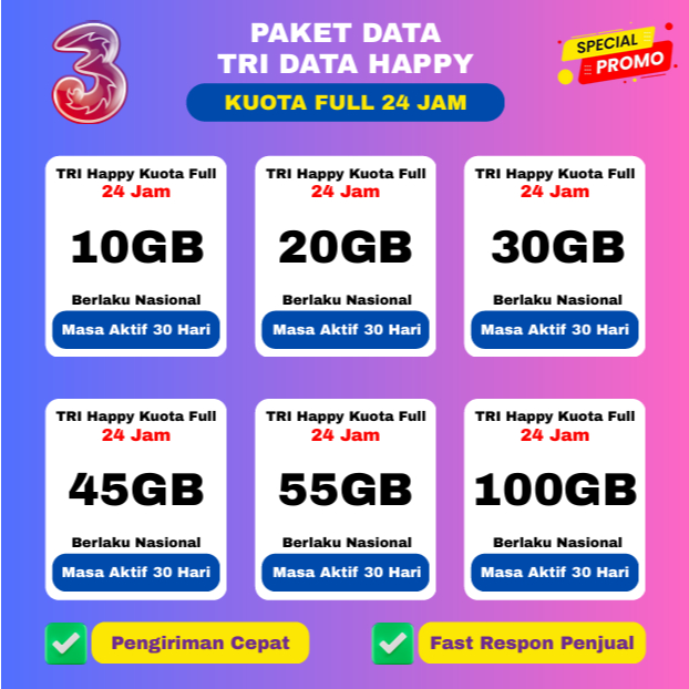 PAKET DATA TRI HAPPY BULANAN TERMURAH KUOTA FULL 24 JAM