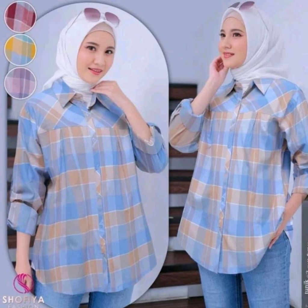 Atasan Kemeja Blouse Kotak Wanita Kekinian Bahan Katun Kemeja Blus