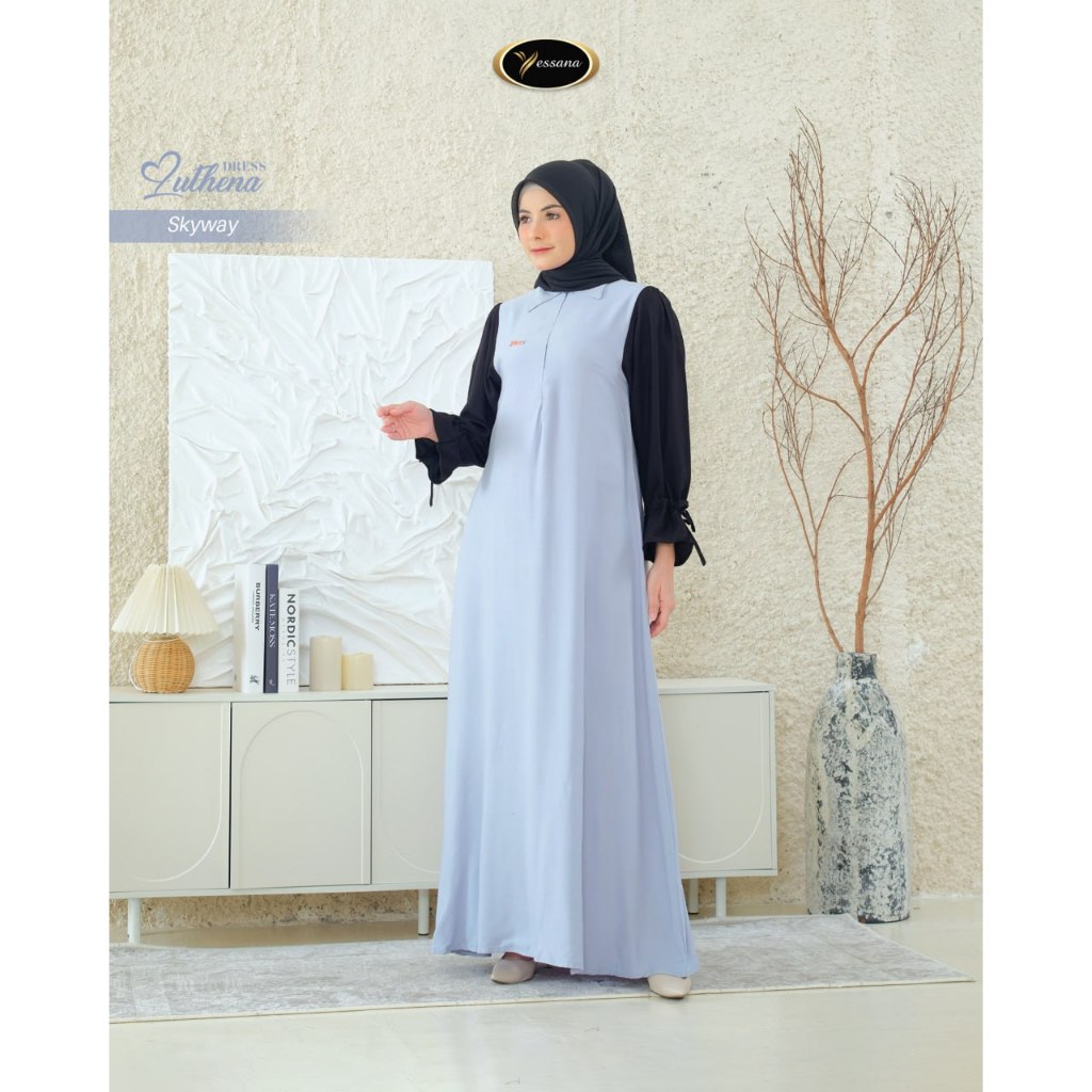 Gamis Polos Hitam Kombinasi Warna Dress Viscose Twill Adem Luthena Dress Yessana