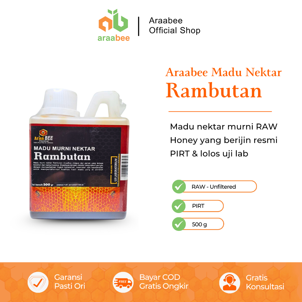 

ARAABEE Madu Murni Nektar Rambutan 500g Asli 100% Tanpa Campuran RAW Honey Unfiltered
