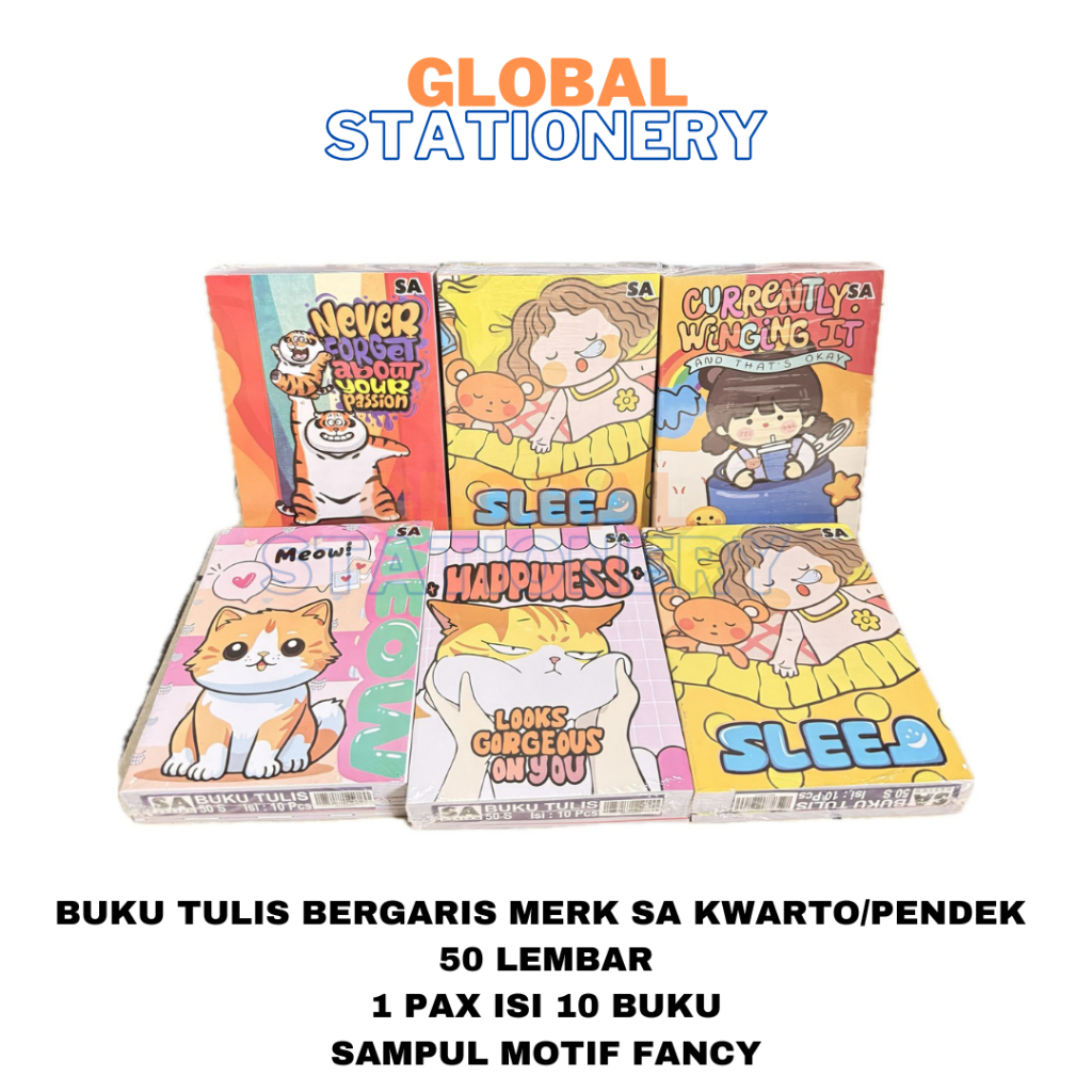 

Buku Tulus Bergaris Merk Sa Kwarto/Pendek Tulis 50 Lembar Motif Fancy Kartun Anak-Anak (10 Buku)