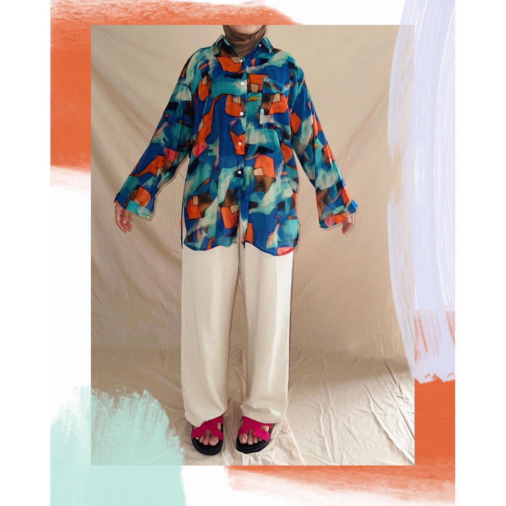 Kora shirt - cotton tissue shirt (blouse motif abstrak wanita, kemeja casual wanita kekinian, atasan