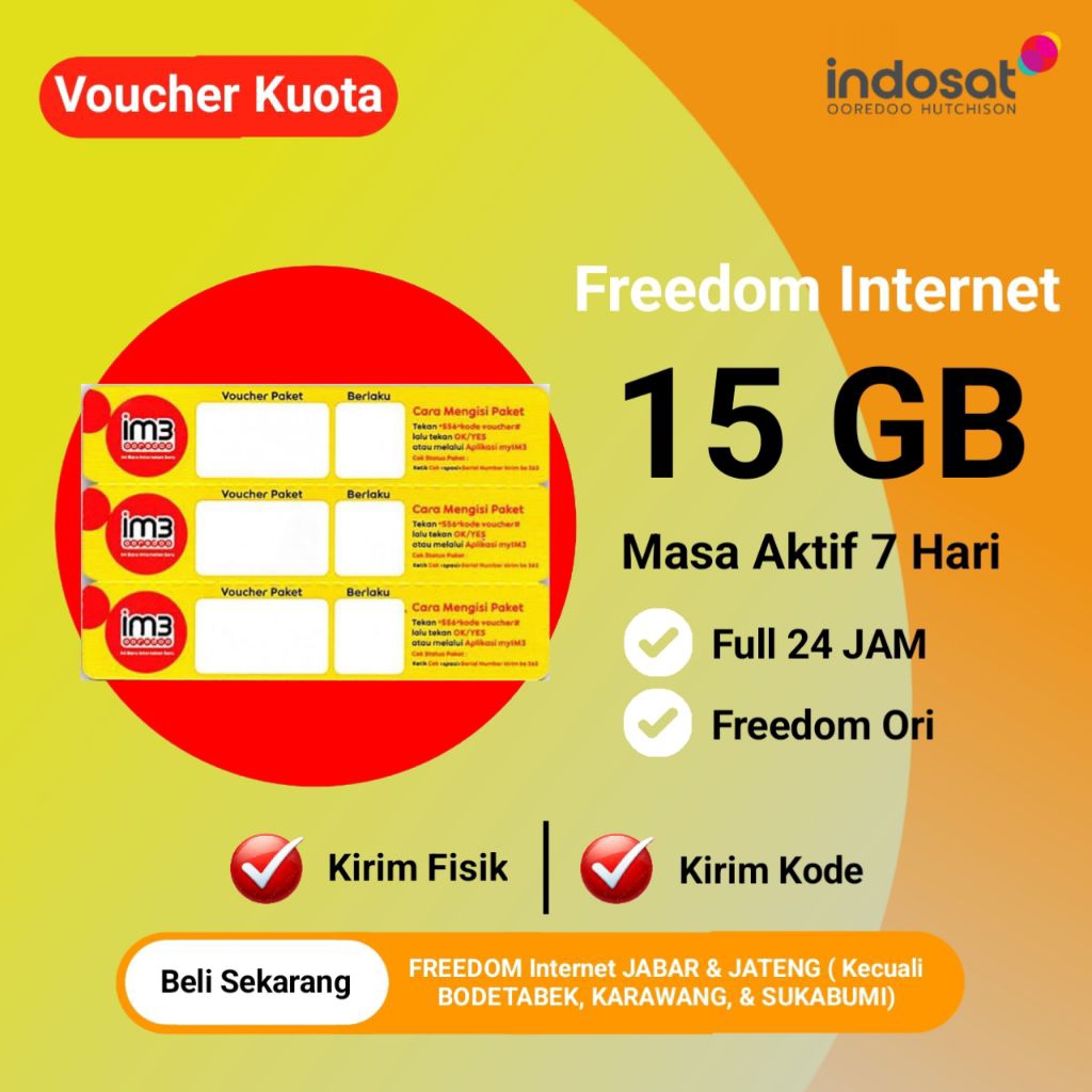Voucher Indosat 15 GB - Voucher Kuota IM3 15 GB 7 Hari - Paket Freedom Internet