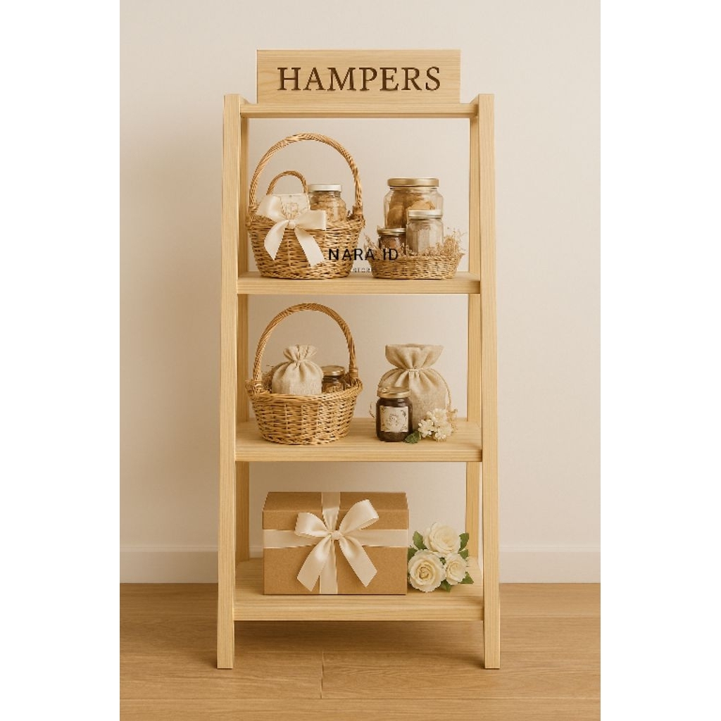 Rak Pajangan Produk Hampers – 3 Tingkat Kayu Jati Belanda Finishing Putih,plitur dan Natural