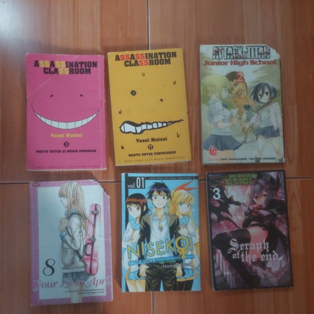komik bekas naruto, ansatsu kyoushitsu, tokyo ghoul, attack on titan, owari no seraph, anohana, nise