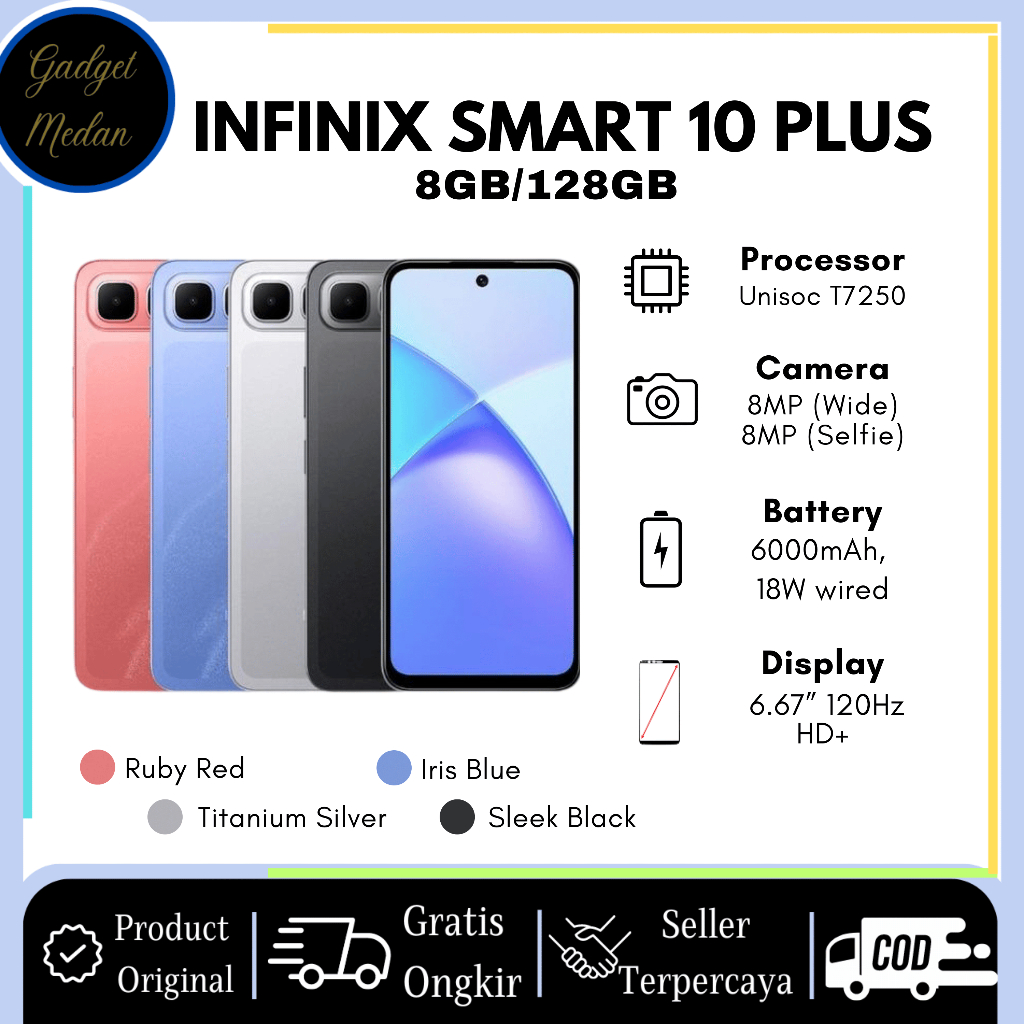 Infinix Smart 10 Plus 8/128GB RAM - 6.67 inch 120Hz HD+ - T7250 - 6000 mAh -ORIGINAL- Gadget Medan
