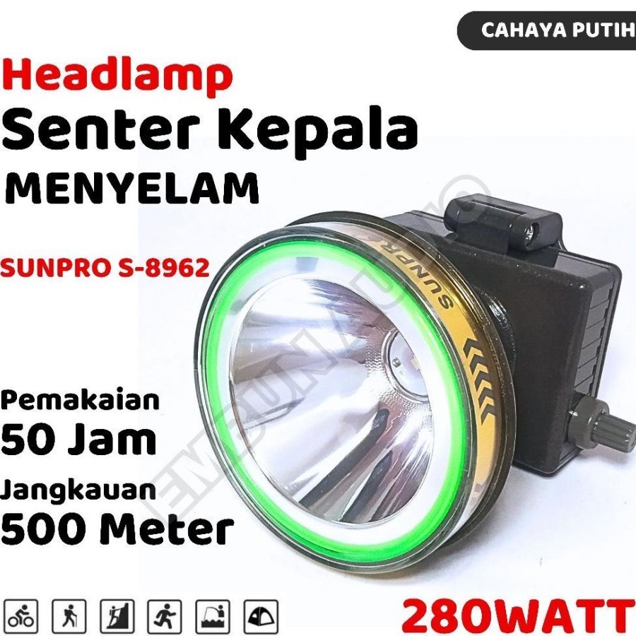 Senter Kepala LED Selam Diving Sunpro S-8962 Cahaya Putih Super Terang