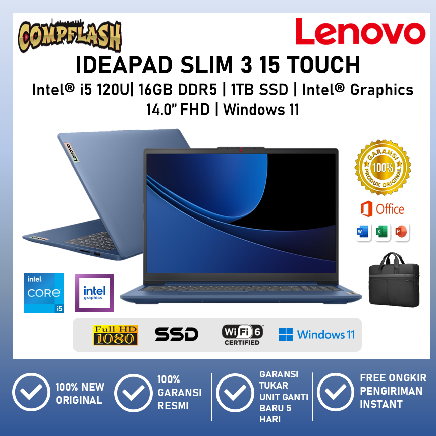 LAPTOP LENOVO IDEAPAD SLIM 3 15 TOUCH CORE I5 120U 16GB 1TB WINDOWS 11 15.6 FHD