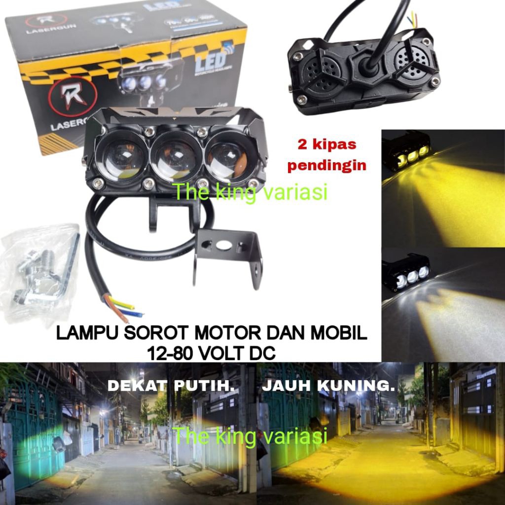 LAMPU SOROT LAMPU TEMBAK MOTOR DAN MOBIL 3 LED LASERGUN PLUS KIPAS PENDINGIN CAHAYA PUTIHKUNINGSUPER