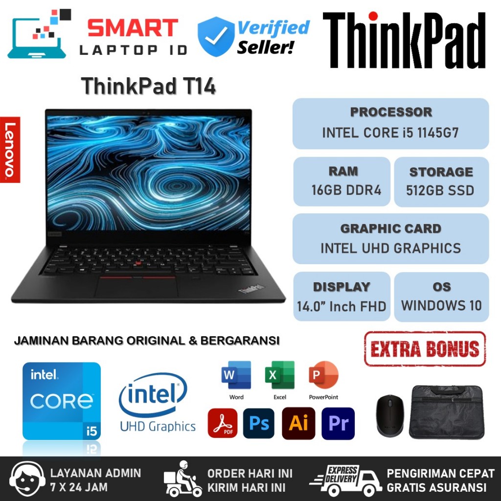 Laptop Lenovo Thinkpad T14 Intel Core i5 1145G7 Ram 16GB 1TB SSD Windows 11 Office 2024 Black