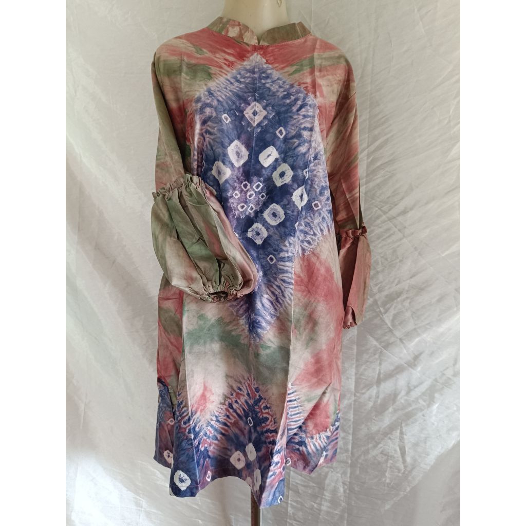 Tunik jumputan handmade/tunik tangan balon/tunik jumputan/kerah sanghai