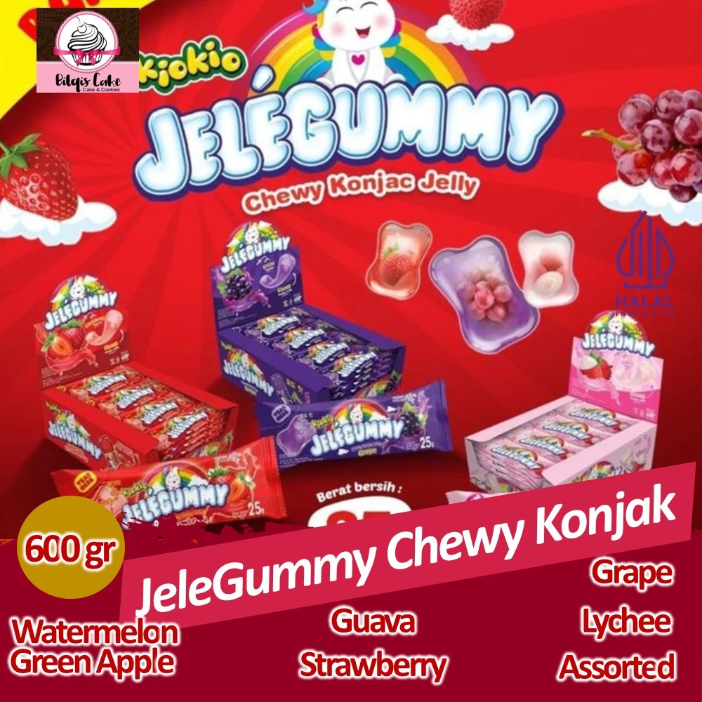 

JeleGummy Chewy Konjak Jelly 600 Gram Rasa Strawberry Watermelon Lychee Green Apple Grape and assorted Red Box