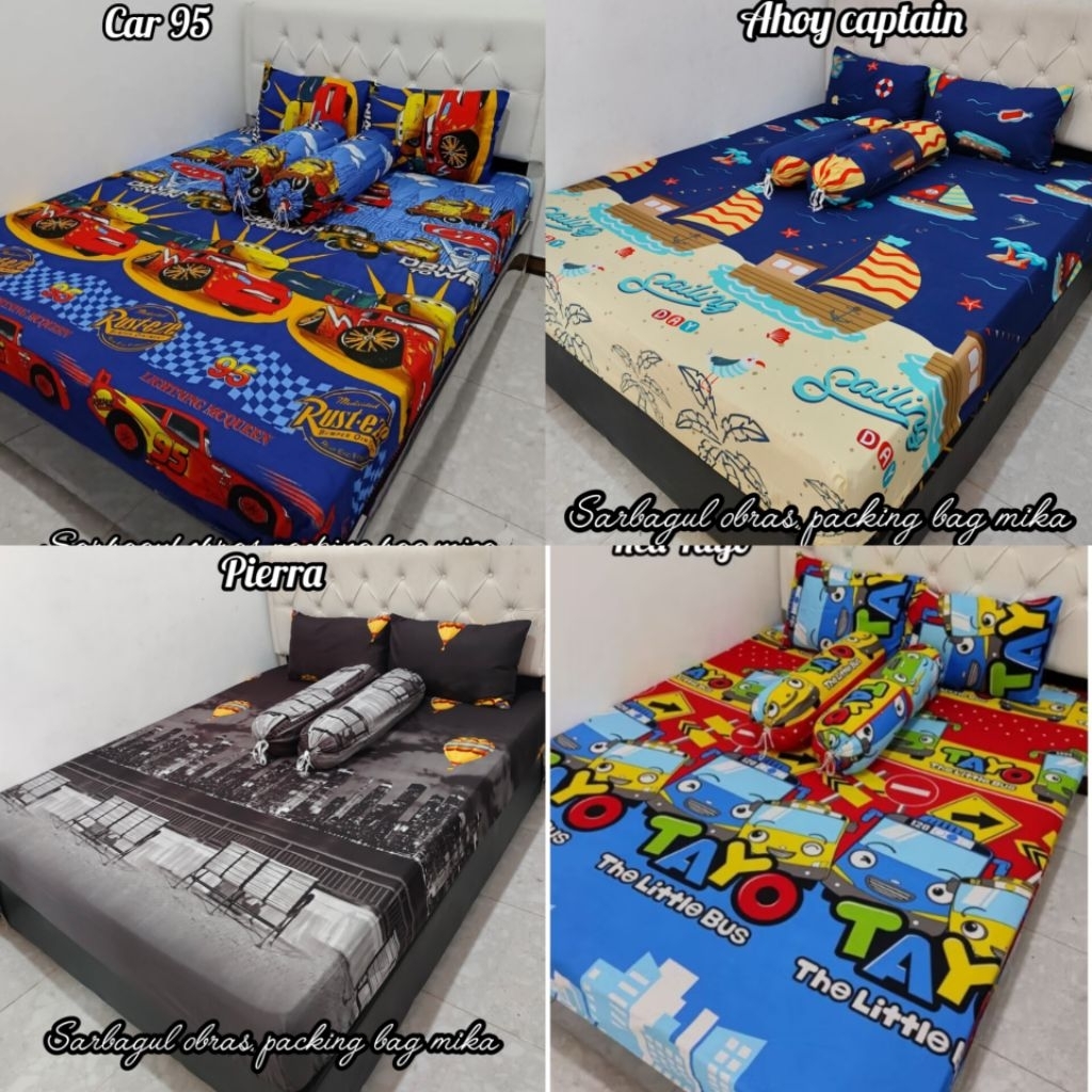 SPREI HOMEMADE KARET MOTIF ANAK COWOK CAR MOBIL TAYO TRANSPORTASI CONTRUCTION MC QUEEN 95 ESCAVATOR 