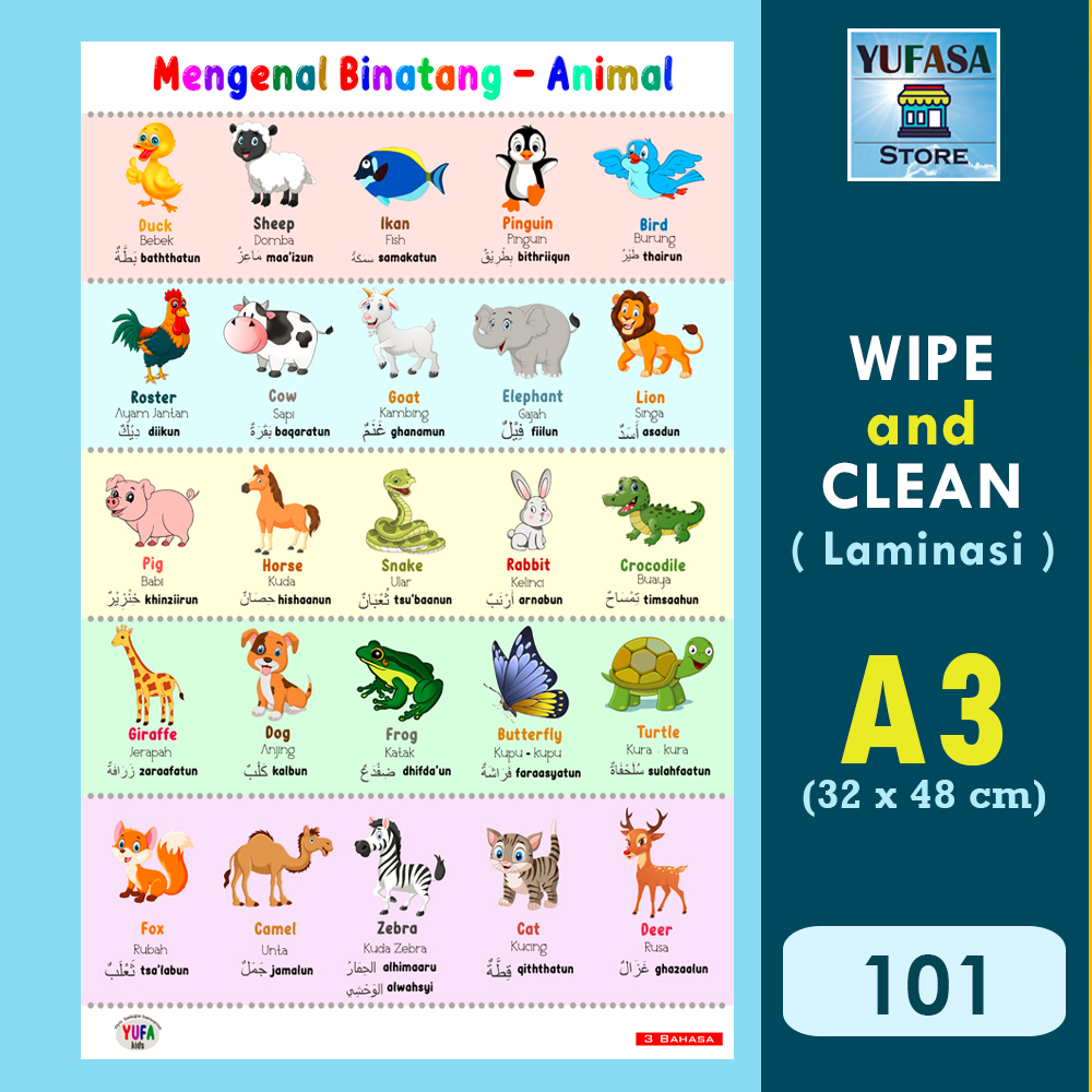 101 Poster binatang 3 bahasa - Poster Edukasi Anak - Poster belajar anak - Poster wipe and clean - p