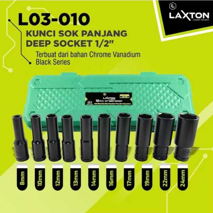 Mata sok 1/2 Inch LAXTON isi 10 pcs L03-010 untuk Impact Wrench Chrome Vanadium