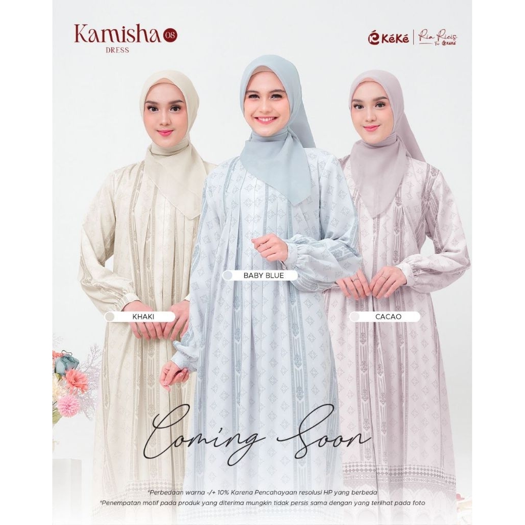 KEKE BUSANA Gamis Muslimah Terbaru Ricis Kamisha 09 Series Warna Khaki, Baby Blue, Cacao Bahan Baby 