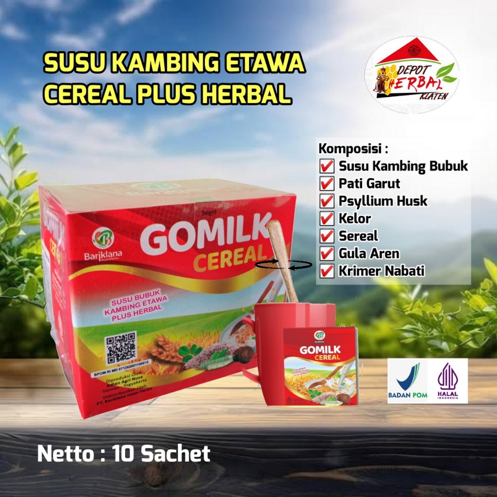 

Susu Cereal Kambing Etawa Gomilk plus Herbal-Pati Garut-Kelor-Gula Aren-Sereal-Psyllium Husk