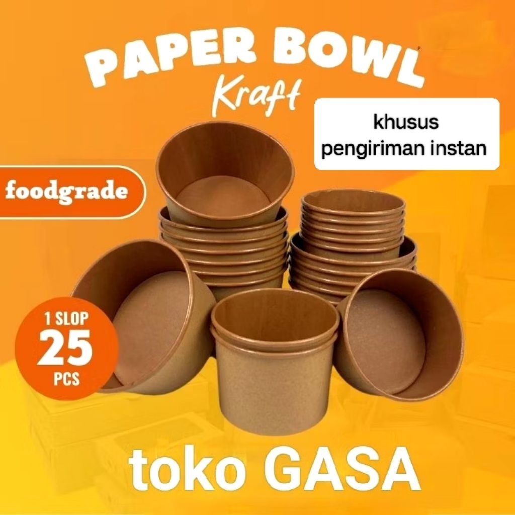 (25pcs) paper bowl kraft 650ml coklat laminasi 1 slop plus tutup/mangkok kertas/rice paper bowl/baks